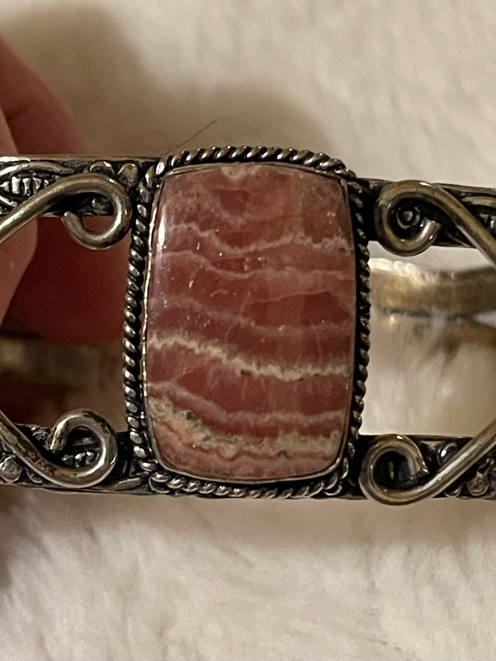 Pink Rhodochrosite Sterling Silver Style Ornate Cuff Bracelet - Picture 2 of 13